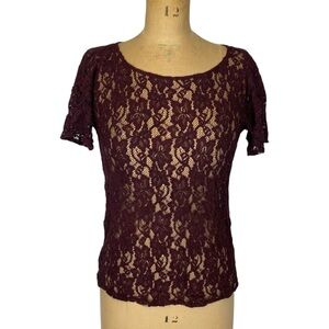 T.Babaton (Aritzia) Deep Plum Guipure Floral Lace T-Shirt Size XXS